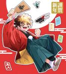  1boy amanogawa_ryuusei aqua_hakama arm_up blonde_hair brown_hair child circle_facial_mark clenched_hand commentary_request facial_mark full_body hagoita hair_between_eyes hakama hakama_skirt hane_(hanetsuki) happy_new_year hercules_beetle highres holding japanese_clothes jinzou_konchuu_kabutoborg_vxv kimono kuroda_(kuro_yyy) male_focus multicolored_hair new_year open_clothes open_kimono open_mouth paddle paper red_background red_kimono short_hair short_kimono skirt smile solo tomcat_red_beetle_(kabutoborg) toy toy_car two-tone_hair x x_facial_mark 