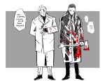  2boys american_psycho axe black_hair blood blood_on_clothes blood_on_weapon closed_mouth english_commentary english_text final_fantasy final_fantasy_vii full_body gloves highres holding holding_axe holding_weapon j.r._doyle jacket long_hair long_sleeves male_focus multiple_boys necktie rufus_shinra short_hair speech_bubble standing sweatdrop tseng weapon 