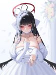  1girl absurdres antenna_hair bags_under_eyes black_hair black_wings blood blood_halo blue_archive blush bow bow_choker breasts choker collarbone commentary_request dress halo highres jewelry korean_commentary large_breasts liquid_halo long_hair looking_at_viewer low_wings melting_halo musclexm red_eyes red_halo revision ring smile solo tearing_up tears tsurugi_(blue_archive) tsurugi_(dress)_(blue_archive) wedding_dress wedding_ring white_choker white_dress wings 