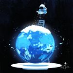  1other absurdres artist_name blue_jacket commentary fish flying_fish gloves helmet highres holding jacket kazunoko_(kazunoko_zunoco) ladder original planet plate radio_antenna signature snow snowing space space_helmet standing star_(sky) stepladder white_gloves 