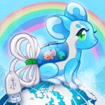  absurdres alt_text animal animal_focus aqua_mouse cable cable_tail clownfish commentary computer_mouse creature creature_focus english_commentary fish frutiger_aero globe green_eyes highres looking_at_viewer mechanical_tail mouse_(animal) no_humans original pun rainbow sparkytopia tail usb usb_tail water 