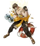  1boy antlers black_gloves body_markings brown_hair damaged deer_antlers dumbbell eikthyrnir_(fire_emblem) eikthyrnir_(summer)_(fire_emblem) fire_emblem fire_emblem_heroes gloves highres holding holding_dumbbell holding_swim_ring horns mask mouth_mask muscular muscular_male non-web_source official_alternate_costume official_art solo swim_ring 