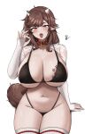 1girl absurdres belt belt_buckle belt_collar black_bra black_panties blush borrowed_character bra breast_tattoo breasts brown_hair brown_tail buckle character_name cleavage collar collarbone cropped_legs ear_tag eyeliner fellatio_gesture hand_up highleg highleg_panties highres horns huge_breasts long_hair looking_at_viewer makeup mole mole_beside_mouth mole_on_breast mole_on_neck multiple_moles navel open_mouth original panties parted_bangs paw_tattoo pink_eyes pointy_ears red_belt red_collar red_eyeliner saliva see-through_shrug shrug_(clothing) signature simple_background small_horns solo swept_bangs tail tattoo thighhighs thighs tongue tongue_out underwear white_background white_horns white_shrug white_thighhighs yukaraishin 