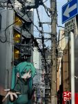  +++ 1girl alternate_costume aqua_eyes aqua_hair beckoning blush_stickers building city day hatsune_miku highres hood hood_down hoodie long_hair looking_at_viewer open_mouth outdoors photo_background pointing power_lines sign single_blush_sticker smile sn_(sn_utu00) solo speech_bubble twintails utility_pole vocaloid 