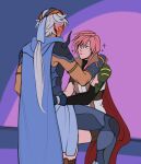  1boy 1girl armor bandana blue_eyes blush cape dissidia_final_fantasy expressionless final_fantasy final_fantasy_ii final_fantasy_xiii firion grey_hair highres in-franchise_crossover lightning_farron long_hair looking_at_another multiakimo pink_hair pink_lips ponytail red_cape shoulder_armor sitting sitting_on_lap sitting_on_person 