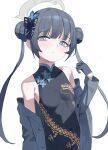  1girl absurdres arm_at_side bare_shoulders black_dress black_gloves black_hair blue_archive blush braid braided_bun breasts butterfly_hair_ornament buttons china_dress chinese_clothes chinese_commentary closed_mouth commentary_request covered_navel double_bun dragon_print dress fanshuimucishen gloves grey_eyes grey_halo grey_jacket hair_bun hair_ornament halo hand_up highres jacket kisaki_(blue_archive) long_hair long_sleeves looking_at_viewer off_shoulder open_clothes open_jacket pinstripe_jacket pinstripe_pattern print_dress sidelocks simple_background sleeveless sleeveless_dress small_breasts solo striped_clothes striped_jacket twintails unbuttoned unbuttoned_jacket upper_body vertical-striped_clothes vertical-striped_jacket white_background 