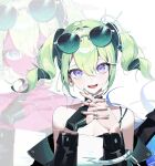  1girl bare_shoulders black_choker breasts choker cleavage eyewear_on_head green_hair green_nails hair_ornament hands_up highres interlocked_fingers long_hair long_sleeves looking_at_viewer nail_polish off_shoulder open_mouth own_hands_together purple_eyes shirt simple_background smile solo stellive sunglasses twintails upper_body virtual_youtuber white_background white_shirt yuzuha_riko zetto023 zoom_layer 