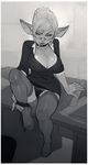  2016 big_breasts breasts cleavage clothed clothing desk eyewear female glasses goblin greyscale hair hair_bun hi_res holding_leg humanoid incase legwear looking_at_viewer monochrome not_furry on_desk panties panty_shot pubes pussy sitting smile stockings thigh_highs underwear upskirt 