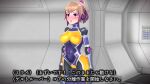  1girl 3d agent_mirai blender_(medium) blush bodysuit breasts brown_hair covered_navel covered_nipples empty_eyes headphones hexagon_print highres impossible_bodysuit impossible_clothes large_breasts latex mind_control mirai_(agent_mirai) open_mouth pink_bodysuit ponytail purple_bodysuit purple_eyes short_hair skin_tight solo umaaji_lady_mk2 yellow_bodysuit 