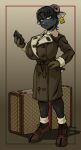  3_fingers anthro apple_inc. big_breasts black_hair bovid breasts burberry_(brand) button_(fastener) caprine cellphone clothed clothing coat curled_horn d-ring ear_piercing ear_tag electronics epaulet eyeliner eyeshadow female fingers footwear fur gloves goat goocasden green_eyes gucci hair handwear hi_res hooved_fingers hooves horn huge_breasts iphone leather leather_clothing leather_gloves leather_handwear legwear looking_at_viewer makeup mammal markings phone piercing sable_kozlova_(heroicones) shirt shoes short_tail smartphone solo suitcase tail tights topwear trenchcoat undershirt 