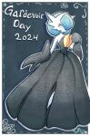 alternate_color artist_name black_dress black_gloves blue_hair bob_cut character_name colored_skin dress elbow_gloves gardevoir gardevoir_day gloves hair_over_one_eye highres mega_gardevoir mega_pokemon orange_eyes pokemon pokemon_(creature) shiny_pokemon signature smile strapless strapless_dress theweisslily white_skin 