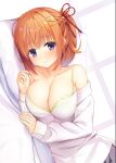  1girl 3: absurdres azunyan bare_shoulders blush bra braid breasts buttons cafe_stella_to_shinigami_no_chou cleavage closed_mouth collarbone commentary_request cowboy_shot dutch_angle embarrassed eyes_visible_through_hair fingernails green_bra hair_between_eyes hair_intakes hair_ornament hair_ribbon hairclip half_up_braid head_on_pillow highres indoors lace-trimmed_bra lace_trim large_breasts looking_at_viewer lying medium_hair on_bed on_side orange_hair parallel_hairclips pillow ponytail purple_eyes red_ribbon ribbon shirt short_ponytail sleeves_past_wrists solo strap_slip sumizome_nozomi underwear white_shirt 