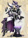 1boy :d arm_support ascot black_ascot black_boots black_capelet black_coat blonde_hair boots buttons capelet coat crossed_legs crystal_ball curtained_hair dairoku_ryouhei double-breasted eyeshadow eyeshadow_under_eye feather_trim frilled_shirt_collar frills full_body gaiters gem gloves green_eyes green_eyeshadow green_gemstone hat hat_ornament high_heel_boots high_heels highres holding holding_wand kanimori_(tw) knee_boots lapels long_hair long_sleeves looking_at_viewer makeup male_focus multicolored_eyeshadow open_clothes open_coat oversized_hat oversized_object pants puffy_sleeves purple_coat purple_eyeshadow purple_gemstone purple_hat purple_vest reville_slave sharp_teeth sidelocks sitting sleeve_cuffs sleeves_past_wrists smile solo striped_coat swept_bangs tassel teeth thigh_strap top_hat two-sided_coat two-sided_fabric two-sided_headwear two-tone_headwear vertical-striped_coat vest wand whip white_gloves white_hat white_pants yellow_background 