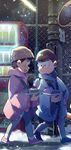  brothers brown_hair fur_hat hat highres male_focus matsuno_karamatsu matsuno_todomatsu mebaru multiple_boys osomatsu-kun osomatsu-san siblings snowing vending_machine winter 