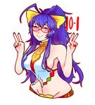  antenna_hair bespectacled blazblue blazblue:_central_fiction blazblue_variable_heart blue_hair bow breasts double_v genderswap genderswap_(mtf) glasses hair_bow hylics_(ragjin) large_breasts long_hair mai_natsume ponytail red-framed_eyewear sideboob solo v very_long_hair yellow_bow 