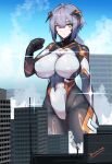 1girl artist_name black_bodysuit blue_sky bodysuit breasts building cameltoe city clenched_hand closed_mouth cloud colossus_(natsukaze_shigure) covered_navel covered_nipples day destruction giant giantess green_eyes grey_hair hair_between_eyes headgear hexagon_print highres huge_breasts impossible_bodysuit impossible_clothes large_breasts looking_at_viewer magical_girl natsukaze_shigure original outdoors short_hair signature skin_tight sky skyscraper solo standing variant_set 