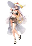 1girl absurdres arm_strap arm_up bare_shoulders bikini black_bikini black_choker black_survival breasts choker cleavage eternal_return:_black_survival flower full_body halterneck hat hat_flower highres large_breasts long_hair looking_at_viewer minami_rio multi-strapped_bikini_top navel open_mouth sandals sarong simple_background solo stomach sun_hat swimsuit thigh_strap transparent_bag very_long_hair white_background white_hair white_hat whoing_x2 wristband yellow_eyes 
