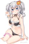  blue_eyes blush bra bracelet breasts flower full_body hair_flower hair_ornament jewelry kantai_collection kashima_(kantai_collection) ko_yu looking_at_viewer medium_breasts panties silver_hair simple_background sitting smile solo twintails underwear underwear_only wavy_hair white_background 