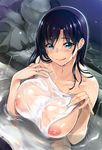  :p absurdres bathing black_hair blue_eyes blush breasts collarbone covered_nipples covering highres large_breasts long_hair looking_at_viewer nipples nude nude_cover original partially_submerged scan see-through smile solo tongue tongue_out towel very_long_hair warabino_matsuri wet 