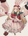  1girl 2boys blonde_hair blush bow capelet closed_mouth doll dress ensemble_stars! frilled_dress frills full_body fur-trimmed_capelet fur_trim green_eyes hat highres itsuki_shu kagehira_mika long_hair long_sleeves mademoiselle_(ensemble_stars!) mittens multiple_boys pink_dress red_bow red_capelet red_hat red_mittens sitting yutsumoe 