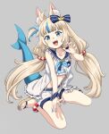  1girl ahoge animal_ears bikini blonde_hair blue_bikini blue_bow blue_eyes blue_hair blue_nails bow breasts brown_sandals cat_ears dress fins fish_girl fish_tail hair_bow highres indie_virtual_youtuber long_hair low_twintails multicolored_hair nail_polish open_mouth sameko_saba sandals small_breasts smile solo striped_bikini striped_clothes sutemeto swimsuit tail teeth twintails two-tone_hair upper_teeth_only very_long_hair virtual_youtuber white_dress 