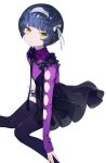  1girl absurdres arm_cutout arm_support aru_(sinsekai) black_bloomers black_pantyhose black_skirt bloomers blue_hair breasts clothing_cutout daisi_gi facial_mark flower_facial_mark full_body hair_ornament highres kamitsubaki_studio long_sleeves looking_at_viewer multicolored_hair original pantyhose pleated_skirt purple_shirt see-through_clothes see-through_skirt shirt short_hair simple_background sinsekai_record sitting skirt smile solo streaked_hair virtual_youtuber white_background x x_facial_mark yellow_eyes 