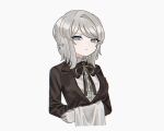  1girl 68oljg black_bow black_bowtie black_jacket blue_eyes bow bowtie butler faust_(project_moon) female_butler gloves jacket limbus_company long_sleeves looking_at_viewer project_moon ribbon shirt short_hair simple_background smile solo upper_body white_background white_gloves white_hair white_shirt wuthering_heights_(identity)_(project_moon) yellow_ribbon 