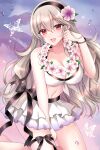  1girl bare_shoulders bikini bikini_skirt black_bow black_hairband blush bow breasts bug butterfly cleavage collarbone female_corrin_(fire_emblem) female_corrin_(novice_vacationer)_(fire_emblem) fire_emblem fire_emblem_fates fire_emblem_heroes flower flower_necklace grey_hair hair_between_eyes hair_flower hair_ornament hairband highres kirishima_riona kneehighs large_breasts lei long_hair looking_at_viewer navel official_alternate_costume open_mouth pointy_ears red_eyes smile socks solo swimsuit thighs white_bikini 
