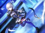  1girl anastasia_(idolmaster) blue_eyes blue_thighhighs breasts deeporbitalsky dress frilled_dress frills gloves grey_hair high_heels highres idolmaster idolmaster_cinderella_girls idolmaster_cinderella_girls_starlight_stage long_hair microphone music ponytail singing skindentation small_breasts solo standing standing_on_one_leg thighhighs white_gloves zettai_ryouiki 