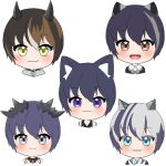  5girls :3 :d animal_ears animare black_hair black_horns black_shirt blue_eyes bluekasumi_v blush brown_eyes brown_hair cat_ears cat_girl closed_mouth commentary ginneko_nanashi grey_hair haineko_nanashi highres hiyoku_no_crosspiece honey_strap horns kuroneko_nanashi looking_at_viewer mechanical_ears mikeneko_nanashi multicolored_hair multiple_girls muraneko_nanashi nanashi_inc. portrait purple_eyes purple_hair shirt short_hair simple_background smile streaked_hair sugar_lyric symbol-only_commentary upper_body v_ap_art white_background yellow_eyes 