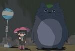  1boy 1girl boots brown_eyes brown_hair commentary cosplay crossover deformed full_body grey_fur highres holding holding_umbrella istranger299 kougami_shin&#039;ya looking_ahead pink_boots psycho-pass rain serious short_hair tonari_no_totoro totoro totoro_(cosplay) tsunemori_akane umbrella 