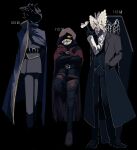  3others animal_head arms_behind_back bandaged_leg bandages belt black_background black_butterfly black_coat black_gloves black_shirt blue_cloak bug burning butterfly butterfly_on_hand cloak coat coffin colored_sclera crossed_arms der_freischuetz_(project_moon) full_body funeral_of_the_dead_butterflies gloves hands_in_pockets highres little_red_riding_hooded_mercenary lobotomy_corporation looking_at_another looking_at_viewer monarch_butterfly multiple_others numbered project_moon proxima_46 red_cloak red_eyes shirt single_extra_arm standing standing_on_one_leg teeth white_butterfly white_eyes yellow_sclera 
