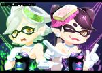  2girls aori_(splatoon) bare_shoulders black_dress black_hair breasts cleavage close-up commentary_request detached_collar domino_mask dress earrings eyebrows fangs food food_on_head gloves hat highres hotaru_(splatoon) jewelry long_hair looking_at_viewer mask mole mole_under_eye motsuya_(motunabeeeeee) multiple_girls object_on_head one_eye_closed open_mouth pointing pointy_ears short_hair silver_hair small_breasts smile splatoon_(series) splatoon_1 strapless symbol-shaped_pupils tentacle_hair tentacles thick_eyebrows white_gloves yellow_eyes 