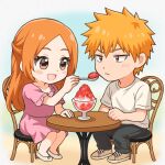  &gt;:( 1boy 1girl :d alternate_costume alternate_hairstyle b_eaka black_pants bleach blush bow brown_eyes casual chair chibi chibi_only clenched_hand closed_mouth commentary couple dating dress feeding food footwear_bow frown full_body gradient_background hair_between_eyes half_updo hand_up happy hetero holding holding_spoon inoue_orihime kurosaki_ichigo long_hair no_socks on_chair open_mouth orange_hair pants parted_bangs pink_dress shaved_ice shirt shoes short_hair short_sleeves simple_background sitting smile spiked_hair spoon straight_hair t-shirt table tareme tsurime v-shaped_eyebrows white_shirt white_shoes 