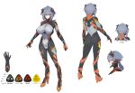  1girl absurdres ahoge ass blue_hair bodysuit breasts character_name colossus_(natsukaze_shigure) covered_navel covered_nipples full_body giant giantess green_eyes grey_hair hexagon_print high_heels highres huge_breasts impossible_bodysuit impossible_clothes large_breasts looking_at_viewer magical_girl multiple_views natsukaze_shigure original reference_sheet science_fiction short_hair simple_background skin_tight standing textless_version turnaround variant_set white_background 