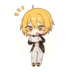  1girl ahoge blonde_hair boots brown_coat coat don_quixote_(project_moon) gold_trim hands_up holding holding_paper jacket limbus_company long_sleeves open_mouth pants paper project_moon ranya_(artiraia) short_hair simple_background smile solo white_background white_jacket white_pants yellow_boots yellow_eyes 