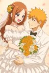  &gt;:) 1boy 1girl :d alternate_costume b_eaka bare_shoulders black_bow black_bowtie bleach bouquet bow bowtie breasts bridal_veil bride brown_hair carrying carrying_person cleavage closed_mouth collarbone commentary couple cowboy_shot dress eye_contact flower frilled_dress frills gloves groom hair_flower hair_ornament half_updo happy hetero highres holding holding_bouquet inoue_orihime jewelry kurosaki_ichigo light_blush long_dress long_hair long_sleeves looking_at_another medium_breasts necklace off-shoulder_dress off_shoulder open_mouth orange_flower orange_hair orange_rose parted_bangs pearl_necklace profile ring rose shirt short_hair simple_background smile spiked_hair straight_hair suit tareme tsurime v-shaped_eyebrows veil wedding wedding_dress wedding_ring white_dress white_flower white_gloves white_rose white_shirt white_suit white_veil yellow_background 