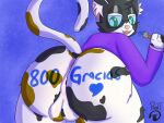 4:3 absurd_res anthro anus balls big_butt bodypaint butt calico_cat domestic_cat eyewear felid feline felis genitals glasses hi_res looking_at_viewer male mammal pixelt pixy_(pixelt) presenting presenting_anus rear_view solo spanish_text tail text thick_thighs