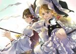  2girls :d apron back_bow black_hat black_vest blonde_hair bow braid braided_sidelock broom broom_riding brown_eyes brown_hair buttons closed_mouth commentary_request detached_sleeves double-breasted frilled_apron frilled_bow frilled_hair_tubes frills gohei hair_bow hair_tubes hakurei_reimu hat hat_bow holding holding_gohei kirisame_marisa long_hair long_sleeves meji_aniki mini-hakkero multiple_girls open_mouth pink_bow profile puffy_long_sleeves puffy_sleeves red_bow red_vest ribbon-trimmed_sleeves ribbon_trim shirt sidelocks single_braid smile socks swept_bangs touhou turtleneck turtleneck_shirt vest waist_apron white_apron white_background white_bow white_shirt white_sleeves white_socks wide_sleeves witch_hat yellow_eyes 