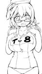  :o ahoge bangs beret blush breasts character_name cleavage cowboy_shot danbo_(rock_clime) embarrassed eyebrows eyebrows_visible_through_hair glasses greyscale hair_between_eyes hair_ribbon hands_on_own_chest hat i-8_(kantai_collection) kantai_collection large_breasts lineart looking_at_viewer low_twintails military_hat monochrome name_tag nose_pads old_school_swimsuit one-piece_swimsuit open_mouth raised_eyebrows ribbon school_swimsuit semi-rimless_eyewear sidelocks simple_background solo standing surprised swimsuit twintails under-rim_eyewear wavy_mouth wide-eyed 