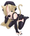  1girl animal_ears black_boots black_bridal_gauntlets black_hat black_leotard black_nails blonde_hair boots bridal_gauntlets cat_ears cat_girl cat_tail fingernails frilled_leotard frills green_eyes hat high_heel_boots high_heels highres leaning_forward leotard long_fingernails long_hair looking_at_viewer mob_cap nail_polish one_eye_closed original parted_bangs simple_background sitting solo tail thigh_boots tongue tongue_out veloexotica very_long_hair wariza white_background 