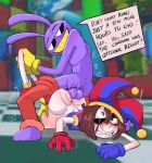 balls butt_jiggle clenched_teeth clothing dominant dominant_male duo english_text female fool&#039;s_hat forced genitals glitch_productions hat headgear headwear hi_res jax_(tadc) jiggling lagomorph leporid madjester male mammal penis pomni_(tadc) purple_body questionable_consent rabbit rape sex teeth text the_amazing_digital_circus