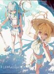  2girls ahoge amaui amaui_(2nd_costume) blonde_hair blue_hair blunt_bangs botan_(oacdrykafjf3g3d) breasts commentary_request full_body hair_intakes halo hammer hat highres hinata_mashu hinata_mashu_(2nd_costume) holding holding_hammer large_breasts long_hair looking_at_viewer medium_hair multiple_girls nanashi_inc. open_mouth orange_eyes orange_halo platform_sandals pleated_skirt purple_eyes raised_eyebrow sandals shirt shoes shorts skirt sleeveless sleeveless_shirt straw_hat sun_hat tupet twintails virtual_youtuber white_sandals white_shirt white_shoes white_shorts white_skirt 