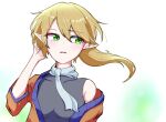  1girl blonde_hair breasts brown_shirt commentary danom green_eyes grey_shirt looking_afar looking_to_the_side medium_breasts mizuhashi_parsee open_mouth pointy_ears scarf shirt short_hair short_sleeves simple_background sleeveless sleeveless_shirt solo touhou undershirt upper_body white_background white_scarf 