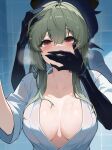  2girls absurdres ahoge araga_kiwi assertive_female black_gloves breasts breasts_apart breath commentary_request gloves green_hair hair_over_shoulder hand_on_another&#039;s_head hand_on_another&#039;s_mouth hands_up highres ilovethelife large_breasts long_hair magia_baiser mahou_shoujo_ni_akogarete multiple_girls no_bra open_clothes open_robe purple_hair raised_eyebrows red_eyes robe saliva saliva_on_hand saliva_trail short_sleeves standing steam straight-on tearing_up tile_wall tiles upper_body wet wet_clothes white_robe yuri 
