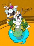 2024 3_fingers accessory angry antennae_(anatomy) anthro arthropod bea_(mario_plus_rabbids) bee bent_arm black_antennae black_body black_facial_hair black_fur black_mustache blue_body blue_flower braided_pigtails button_(fastener) clothed clothed_anthro clothed_male clothing cravat crossover curly_hair digital_drawing_(artwork) digital_media_(artwork) dot_eyes duo ellipsis english_text exclamation_point eyelashes facial_hair female female_anthro fingers flat_colors flower flower_in_hair flying freckled_face freckles frown fur furrowed_eyebrows ghost gramophone green_clothing green_suit green_topwear green_vest grey_hair grey_wings hair hair_accessory hi_res hybrid hymenopteran insect lagomorph larger_anthro larger_male legless long_ears long_eyelashes long_hair male male_anthro mammal mario_bros mario_plus_rabbids_kingdom_battle mario_plus_rabbids_sparks_of_hope mustache nintendo noseless notched_wings open_frown open_mouth orange_background phantom_of_the_bwahpera pink_tongue plant purple_flower rabbid randomrabbidramblings raving_rabbids rayman_(series) simple_background simple_eyes size_difference smaller_anthro smaller_female speech_bubble spirit suit tan_inner_ear text tongue topwear translucent translucent_body ubisoft vest white_body white_cravat white_fur wings yellow_body yellow_fur