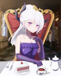  1girl absurdres ahoge blue_archive breasts cake coffee coffee_mug cup demon_girl demon_horns dress earrings evening_gown food fork gloves highres hina_(blue_archive) hina_(dress)_(blue_archive) horns indoors jewelry knife long_hair looking_at_viewer mug necklace official_alternate_costume official_alternate_hairstyle pendant purple_dress purple_eyes purple_gloves sitting small_breasts solo spoon strawberry_cake user_fppf2878 white_hair 