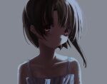  1girl :/ bare_shoulders brown_hair closed_mouth collarbone dot_mouth dress grey_background grey_dress hair_ornament hairclip highres iwakura_lain looking_at_viewer parted_bangs red_eyes serial_experiments_lain shaded_face short_hair simple_background single_sidelock sleeveless sleeveless_dress solo user_cmhj4424 