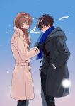  2boys absurdres akechi_gorou amamiya_ren black_coat black_hair black_pants blue_scarf brown_hair buttons closed_mouth coat cowboy_shot fsmaichobpeg0 glasses hands_in_pockets highres looking_at_another male_focus multiple_boys pants persona persona_5 profile scarf short_hair smile snow winter_clothes yellow_coat 