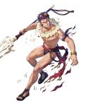  1boy balthus_von_albrecht balthus_von_albrecht_(summer) black_hair bracelet damaged eyewear_on_head fire_emblem fire_emblem:_three_houses fire_emblem_heroes flower_wreath highres jewelry male_focus male_swimwear muscular muscular_male non-web_source official_alternate_costume official_art polearm solo sunglasses swim_briefs trident weapon 